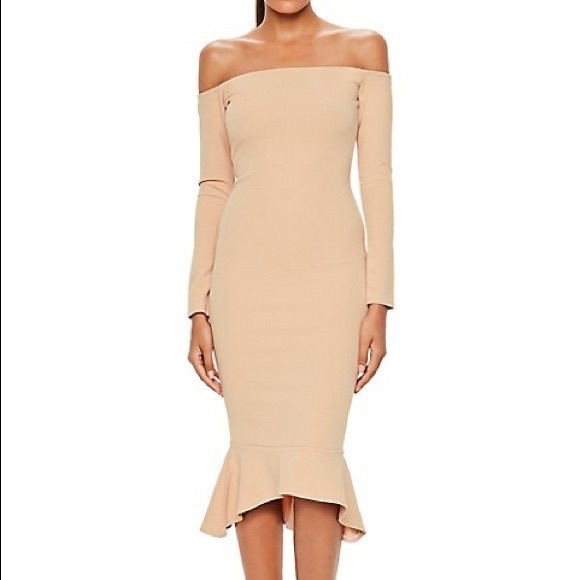 Missguided Bardot fishtail hem dress - off-shoulder midi - size 2 nude - Picture 1 of 5